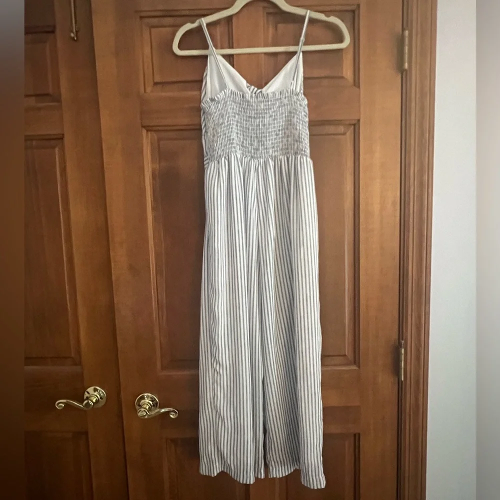 Size Small: Cream & blue striped jumpsuit with front tie. Mid-calf length. - Picture 2 of 3